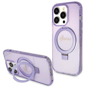 Guess GUHMP15LHRSGSU Apple iPhone 15 Pro 6.1" violetinės spalvos kietas dėklas Ring Stand Script Glitter MagSafe - Image 1