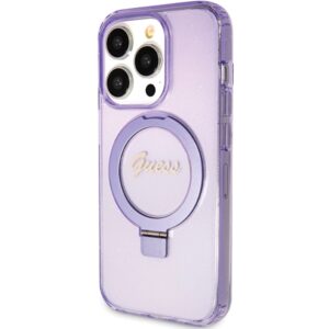 Guess GUHMP15LHRSGSU Apple iPhone 15 Pro 6.1" violetinės spalvos kietas dėklas Ring Stand Script Glitter MagSafe - Image 2