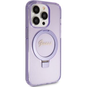 Guess GUHMP15LHRSGSU Apple iPhone 15 Pro 6.1" violetinės spalvos kietas dėklas Ring Stand Script Glitter MagSafe - Image 4