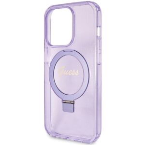 Guess GUHMP15LHRSGSU Apple iPhone 15 Pro 6.1" violetinės spalvos kietas dėklas Ring Stand Script Glitter MagSafe - Image 6