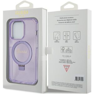 Guess GUHMP15LHRSGSU Apple iPhone 15 Pro 6.1" violetinės spalvos kietas dėklas Ring Stand Script Glitter MagSafe - Image 8