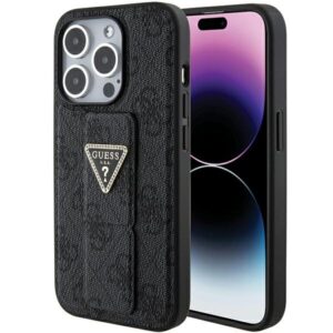 Guess GUHCP15XPGS4TDK Apple iPhone 15 Pro Max 6.7" juodos spalvos kietas dėklas Grip Stand 4G Triangle Strass - Image 1