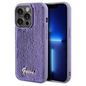 Guess GUHCP14XPSFDGSU Apple iPhone 14 Pro Max 6.7" violetinės spalvos kietas dėklas Sequin Script Metal