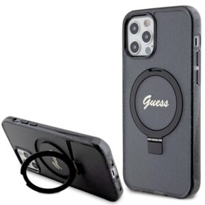 Guess GUHMP12MHRSGSK Apple iPhone 12/12 Pro 6.1" juodos spalvos kietas dėklas Ring Stand Script Glitter MagSafe