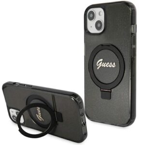 Guess GUHMP13MHRSGSK Apple iPhone 13 / 14 / 15 6.1" juodos spalvos kietas dėklas Ring Stand Script Glitter MagSafe