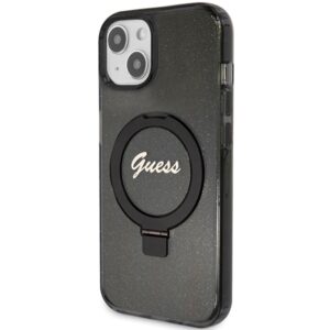 Guess GUHMP13MHRSGSK Apple iPhone 13 / 14 / 15 6.1" juodos spalvos kietas dėklas Ring Stand Script Glitter MagSafe - Image 2