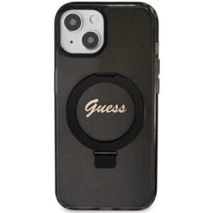 Guess GUHMP13MHRSGSK Apple iPhone 13 / 14 / 15 6.1" juodos spalvos kietas dėklas Ring Stand Script Glitter MagSafe - Image 3