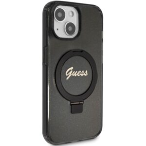 Guess GUHMP13MHRSGSK Apple iPhone 13 / 14 / 15 6.1" juodos spalvos kietas dėklas Ring Stand Script Glitter MagSafe - Image 4