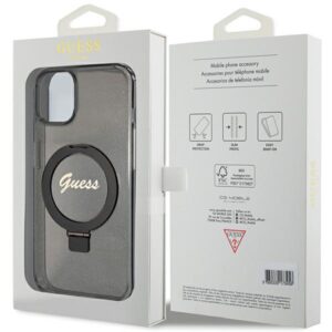 Guess GUHMP13MHRSGSK Apple iPhone 13 / 14 / 15 6.1" juodos spalvos kietas dėklas Ring Stand Script Glitter MagSafe - Image 8