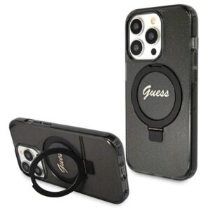 Guess GUHMP14LHRSGSK Apple iPhone 14 Pro 6.1" juodos spalvos kietas dėklas Ring Stand Script Glitter MagSafe
