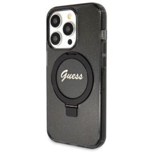 Guess GUHMP14LHRSGSK Apple iPhone 14 Pro 6.1" juodos spalvos kietas dėklas Ring Stand Script Glitter MagSafe - Image 2
