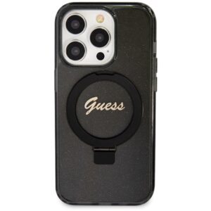 Guess GUHMP14LHRSGSK Apple iPhone 14 Pro 6.1" juodos spalvos kietas dėklas Ring Stand Script Glitter MagSafe - Image 3