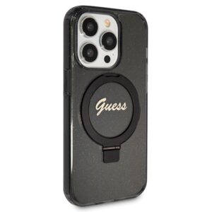 Guess GUHMP14LHRSGSK Apple iPhone 14 Pro 6.1" juodos spalvos kietas dėklas Ring Stand Script Glitter MagSafe - Image 4