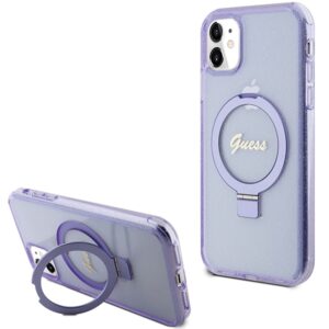Guess GUHMN61HRSGSU Apple iPhone 11 / Xr 6.1" violetinės spalvos kietas dėklas Ring Stand Script Glitter MagSafe