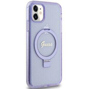 Guess GUHMN61HRSGSU Apple iPhone 11 / Xr 6.1" violetinės spalvos kietas dėklas Ring Stand Script Glitter MagSafe - Image 4