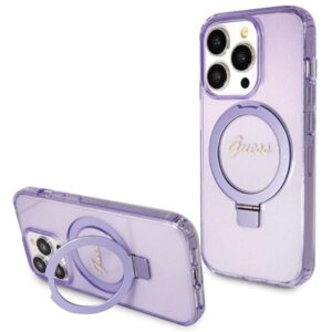 Guess GUHMP13LHRSGSU Apple iPhone 13 Pro / 13 6.1"violetinės spalvos kietas dėklas Ring Stand Script Glitter MagS