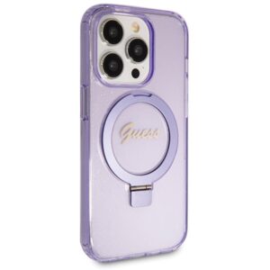 Guess GUHMP13LHRSGSU Apple iPhone 13 Pro / 13 6.1"violetinės spalvos kietas dėklas Ring Stand Script Glitter MagS - Image 4