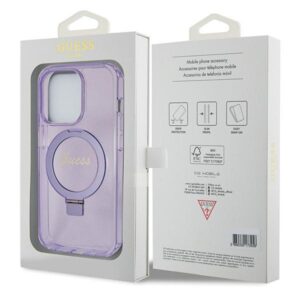 Guess GUHMP13LHRSGSU Apple iPhone 13 Pro / 13 6.1"violetinės spalvos kietas dėklas Ring Stand Script Glitter MagS - Image 8