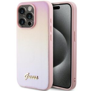 Guess GUHCP14XPSAIRSP Apple iPhone 14 Pro Max 6.7" rožinės spalvos kietas dėklas Saffiano Iridescent Script