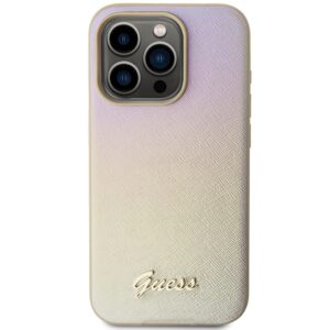Guess GUHCP15LPSAIRSD Apple iPhone 15 Pro 6.1" gold kietas dėklas Saffiano Iridescent Script - Image 3