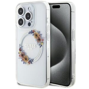 Guess GUHMP15LHFWFCT Apple iPhone 15 Pro 6.1" skaidrus kietas dėklas IML Flowers Wreatch MagSafe - Image 1