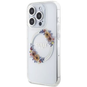 Guess GUHMP15LHFWFCT Apple iPhone 15 Pro 6.1" skaidrus kietas dėklas IML Flowers Wreatch MagSafe - Image 2