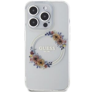 Guess GUHMP15LHFWFCT Apple iPhone 15 Pro 6.1" skaidrus kietas dėklas IML Flowers Wreatch MagSafe - Image 3