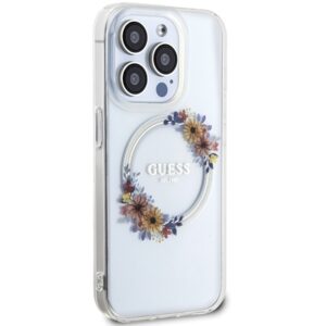 Guess GUHMP15LHFWFCT Apple iPhone 15 Pro 6.1" skaidrus kietas dėklas IML Flowers Wreatch MagSafe - Image 4