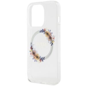 Guess GUHMP15XHFWFCT Apple iPhone 15 Pro Max 6.7" skaidrus kietas dėklas IML Flowers Wreatch MagSafe - Image 6