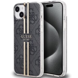 Guess GUHCP15MH4PSEGK Apple iPhone 15 Plus / 14 Plus 6.7" juodos spalvos kietas dėklas IML 4G Gold Stripe