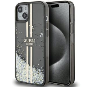 Guess GUHCP15MLFCSEGK Apple iPhone 15 Plus /14 Plus 6.7" juodos spalvos kietas dėklas Liquid Glitter Gold Stripes - Image 1