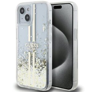 Guess GUHCP15MLFCSEGT Apple iPhone 15 Plus /14 Plus 6.7" skaidrus kietas dėklas Liquid Glitter Gold Stripes
