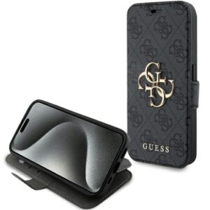 Guess GUBKP15L4GMGGR Apple iPhone 15 Pro 6.1" pilkos spalvos book 4G Metal Logo