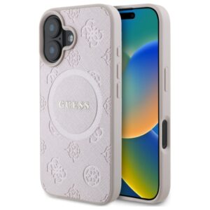 Guess GUHMP16SPSAPSMEP Apple iPhone 16 6.1"rožinės spalvos kietas dėklas Saffiano Peony Classic Logo MagSafe