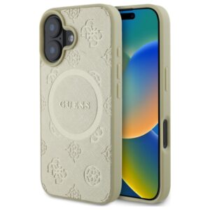 Guess GUHMP16SPSAPSMED Apple iPhone 16 6.1" gold kietas dėklas Saffiano Peony Classic Logo MagSafe