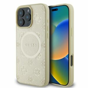 Guess GUHMP16LPSAPSMED Apple iPhone 16 Pro 6.3" gold kietas dėklas Saffiano Peony Classic Logo MagSafe