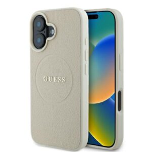 Guess GUHMP16SPGHSMME Apple iPhone 16 6.1" beige kietas dėklas Grained Ring MagSafe