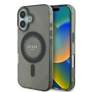 Guess GUHMP16MPFTDTEK Apple iPhone 16 Plus 6.7" juodos spalvos kietas dėklas IML Rhinestones MagSafe