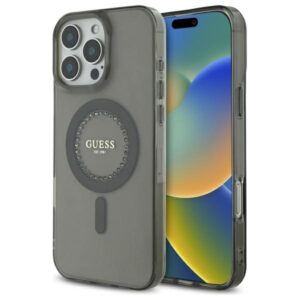 Guess GUHMP16LPFTDTEK Apple iPhone 16 Pro 6.3" juodos spalvos kietas dėklas IML Rhinestones MagSafe