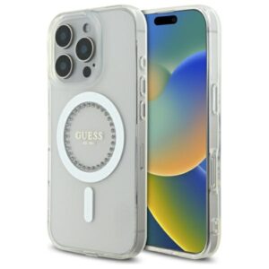 Guess GUHMP16XPFTDTEH Apple iPhone 16 Pro Max 6.9" baltos spalvos kietas dėklas IML Rhinestones MagSafe