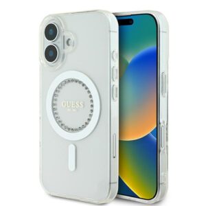 Guess GUHMP16MPFTDTEH Apple iPhone 16 Plus 6.7" baltos spalvos kietas dėklas IML Rhinestones MagSafe