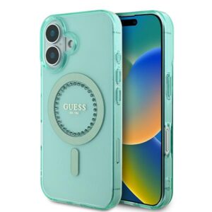 Guess GUHMP16SPFTDTEN Apple iPhone 16 6.1" green kietas dėklas IML Rhinestones MagSafe