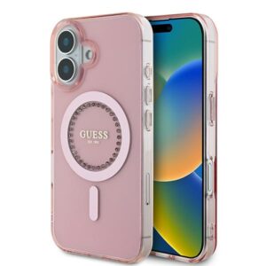 Guess GUHMP16SPFTDTEP Apple iPhone 16 6.1" rožinės spalvos kietas dėklas IML Rhinestones MagSafe