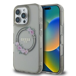 Guess GUHMP16LHFWFCK Apple iPhone 16 Pro 6.3" juodos spalvos kietas dėklas IML Flowers Wreath MagSafe