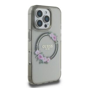 Guess GUHMP16LHFWFCK Apple iPhone 16 Pro 6.3" juodos spalvos kietas dėklas IML Flowers Wreath MagSafe - Image 4