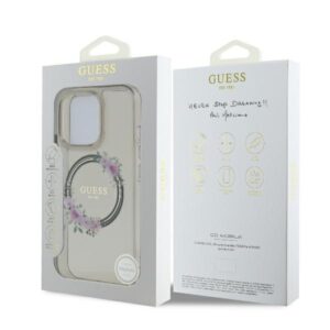 Guess GUHMP16LHFWFCK Apple iPhone 16 Pro 6.3" juodos spalvos kietas dėklas IML Flowers Wreath MagSafe - Image 8