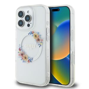 Guess GUHMP16LHFWFCT Apple iPhone 16 Pro 6.3" transprent kietas dėklas IML Flowers Wreath MagSafe
