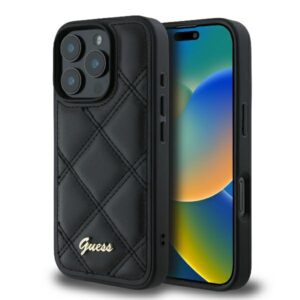 Guess GUHCP16LPSQSQSK Apple iPhone 16 Pro 6.3" juodos spalvos kietas dėklas Quilted Metal Logo