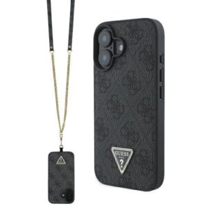 Guess GUHCP16SP4TDSCPK Apple iPhone 16 6.1" juodos spalvos kietas dėklas Leather Metal Logo Strass Crossbody