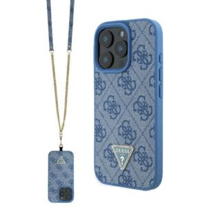 Guess GUHCP16LP4TDSCPB Apple iPhone 16 Pro 6.3" blue kietas dėklas Leather Metal Logo Strass Crossbody